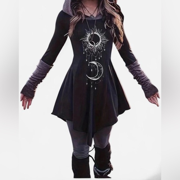Dresses & Skirts - Dark Gray Goth Sun Moon Hooded Mini Dress Long Sleeve Size S